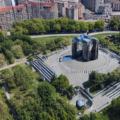 Image similar to aerial view of brutalist extensive monument ricardo bofill ( ( ( ( ( park ) ) ) ) ) spomenik with ( ( railings ) ) photo, 4 k