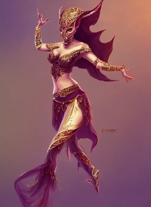 Image similar to a highly detailed illustration of a masked elegant elf arabian dancer, gracefully belly dancing pose, waving arms, intricate, elegant, highly detailed, centered, digital painting, artstation, concept art, smooth, sharp focus, league of legends concept art, WLOP