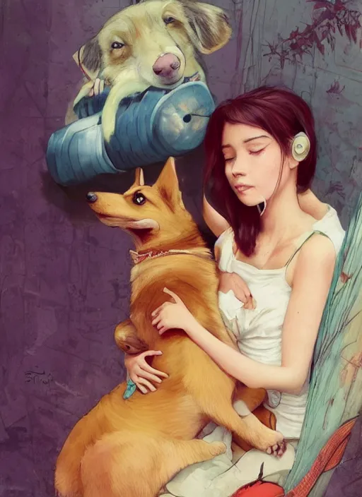 Prompt: beautiful fantasy painting of a Hiphop Lofi attractive girl and her corgi chilling to music, by Kenne Gregoire, James Jean, Tran Nguyen, WLOP, Jakub Rebelka. trending on Artstation, 8k, masterpiece, face enhance, graffiti paint, fine detail, full of color, intricate detail, golden ratio illustration