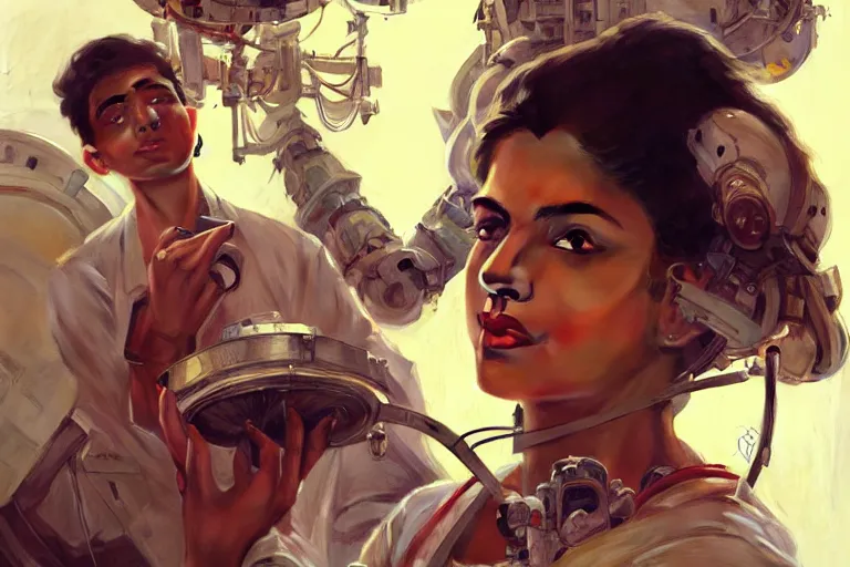 Image similar to Sensual good looking pale young Indian doctors wearing jeans in a space station above Earth performing surgery, portrait, elegant, intricate, digital painting, artstation, concept art, smooth, sharp focus, illustration, art by artgerm and greg rutkowski and alphonse mucha