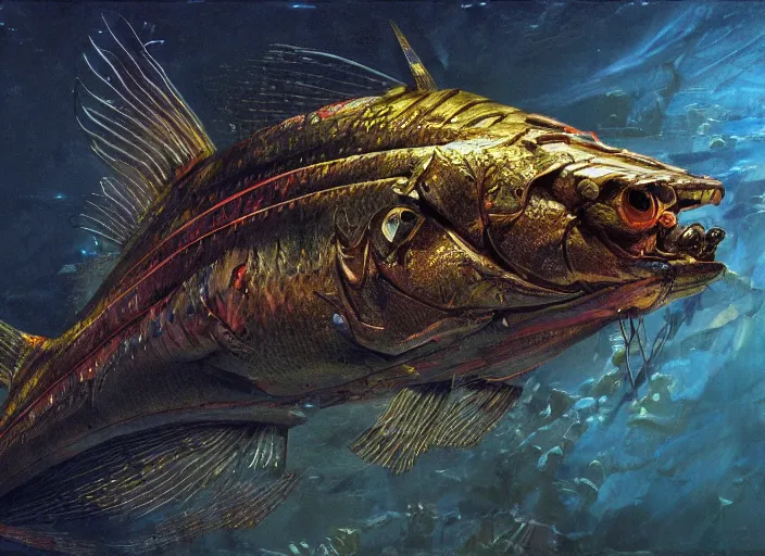 Image similar to macro closeup robotic pike fish, glowing veins, subsurface scattering, underwater, boston dynamics, by gerald brom, by mikhail vrubel, by peter elson, muted colors, extreme detail, trending on artstation, 8 k