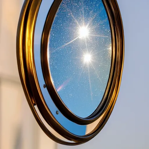 Prompt: beautiful iridescent metal mirror face, smooth, reflections, proud, looking away, outdoor, blue sky, 8 k, realistic, highly detailed, award winning photography