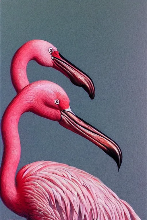 Image similar to hyper realistic painting of a flamingo by wayne barlowe, beksinski, hr giger, austin osman spare, bussiere