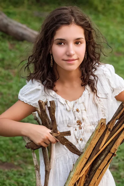 Image similar to a middle-school girl with unkempt wavy short brown hair wearing a white dress and holding a bundle of firewood, high resolution film still, 8k, HDR color, short hair, round face, dimples, beautiful gazing eyes