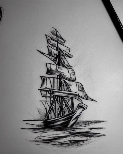 Image similar to pirate ship on a deserted island, realism tattoo drawing, hyper realistic, shaded