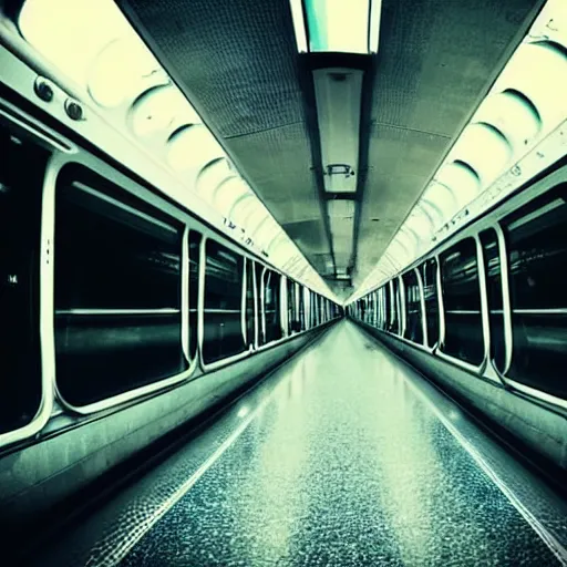 Image similar to a inside of a train hallway the train hallway is empty and train is moving the window view is a sunset view of a beautiful landscape