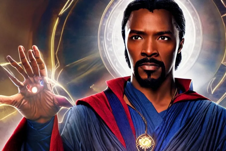 Image similar to film still of dark-skinned Jesus Christ as Doctor Strange in new Avengers film, 4k