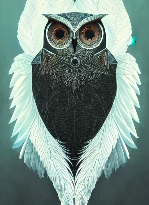 Image similar to portrait of a geometric owl, identical eyes, medium shot, illustration, full body made of white feathers, symmetrical, art stand, super detailed, cinematic lighting, and its detailed and intricate, gorgeous, by peter mohrbacher