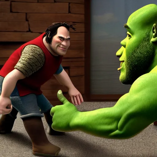 Prompt: keanu reeves fighting muscular shrek, highly detailed, high quality, hd, 4 k, 8 k, canon 3 0 0 mm, professional photographer, 4 0 mp, lifelike, top - rated, award winning, realistic, sharp, no blur, edited, corrected, trending