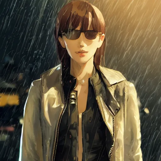 Prompt: a film still of a beautiful young woman, leather jacket, finely detailed features, aviators, closeup at the faces, dramatic cinematic, at cyberpunk city, raining, gapmoe yandere grimdark, trending on pixiv fanbox, painted by greg rutkowski makoto shinkai takashi takeuchi craig mullins, alphonse mucha, studio ghibli, pixiv