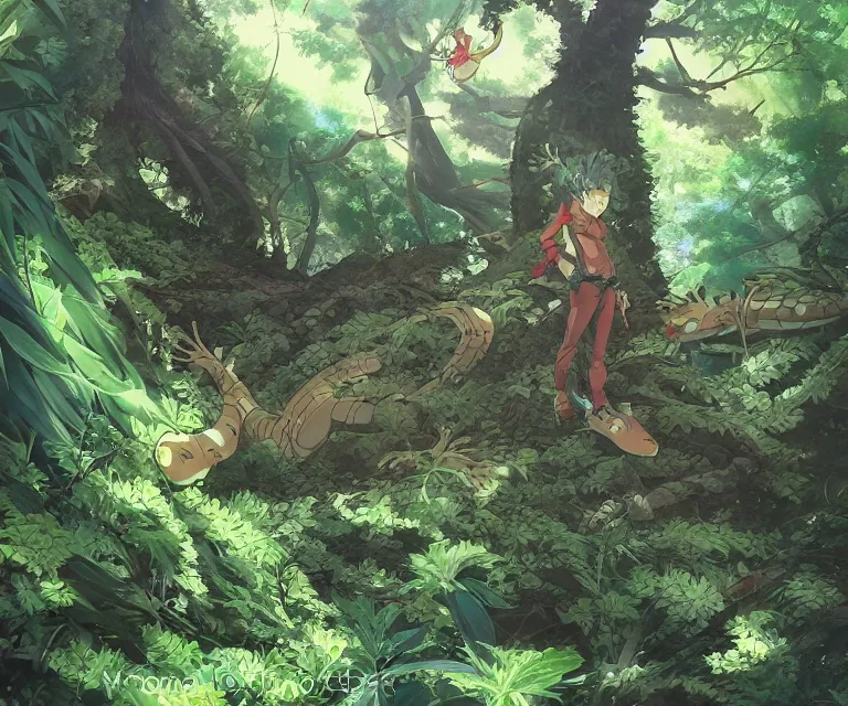 Image similar to gecko in a forest, anime fantasy illustration by tomoyuki yamasaki, kyoto studio, madhouse, ufotable, comixwave films, trending on artstation