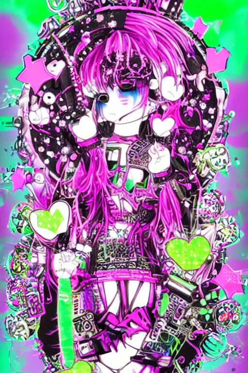 Image similar to cybergoth decora glitchcore yokai girl, sanrio ornaments, pastel cute cinematography | spiked korean bloodmoon sigil stars draincore, gothic demon hellfire hexed witchcore aesthetic, dark vhs gothic hearts, neon glyphs spiked with red maroon glitter breakcore Y2K horrorcore metal album cover