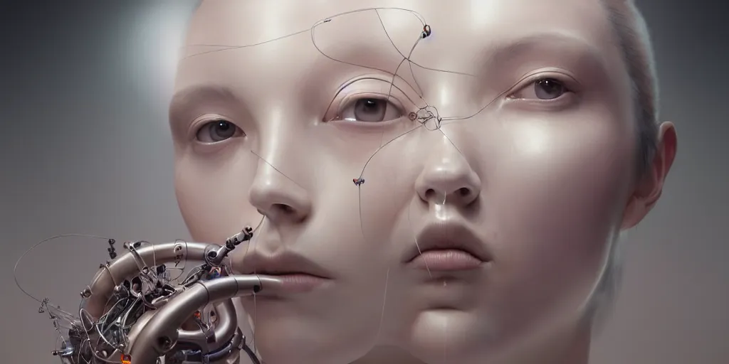 Image similar to hyperrealistic photography of a gorgeous female scientist constructing an empathy machine in the style of jin kagetsu, james jean, chris cunninham, hans bellmer and wlop, highly detailed, face symmetry, masterpiece, award - winning, sharp focus, intricate concept art, ambient lighting, 8 k, artstation