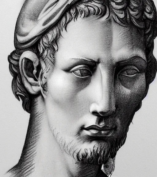 Image similar to tattoo design sketch of the head of michelangelo's david broken in the middle, in the style of den yakovlev, realistic face, black and white, realism tattoo, hyper realistic, highly detailed