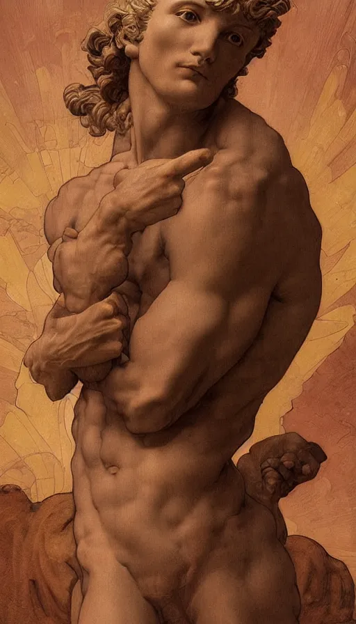 Image similar to Michelangelo\'s David, highly detailed, digital painting, artstation, concept art, smooth, sharp focus, illustration, ArtStation, art by artgerm and greg rutkowski and alphonse mucha and J. C. Leyendecker and Edmund Blair Leighton and Katsuhiro Otomo and Geof Darrow and Phil hale and Ashley wood and Ilya repin and Charlie Bowater