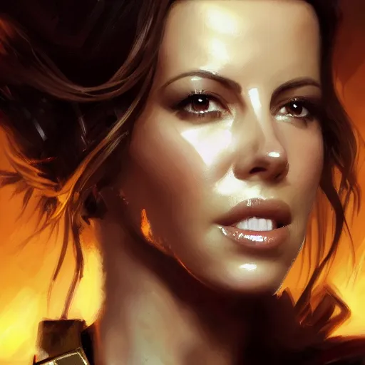 Prompt: closeup portrait of a kate beckinsale, seductive smile, soldier, army chiaroscuro, city background, golden hour, dramatic lighting, complementary contrast, high detail, painted by greg rutkowski, painted by igor kieryluk, trending on artstation