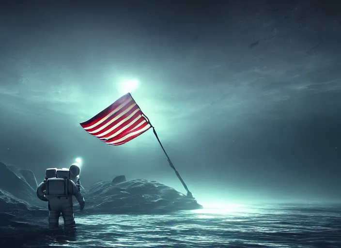 Image similar to astronaut holding a flag in an underwater desert. a submarine is visible in the distance. dark, concept art, cinematic, dramatic, atmospheric, 8 k, trending on artstation, blue, fish, low visibility, fog, ocean floor, christopher nolan, interstellar