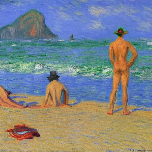 Image similar to a joker and a armed robber chilling on ipanema beach by monet