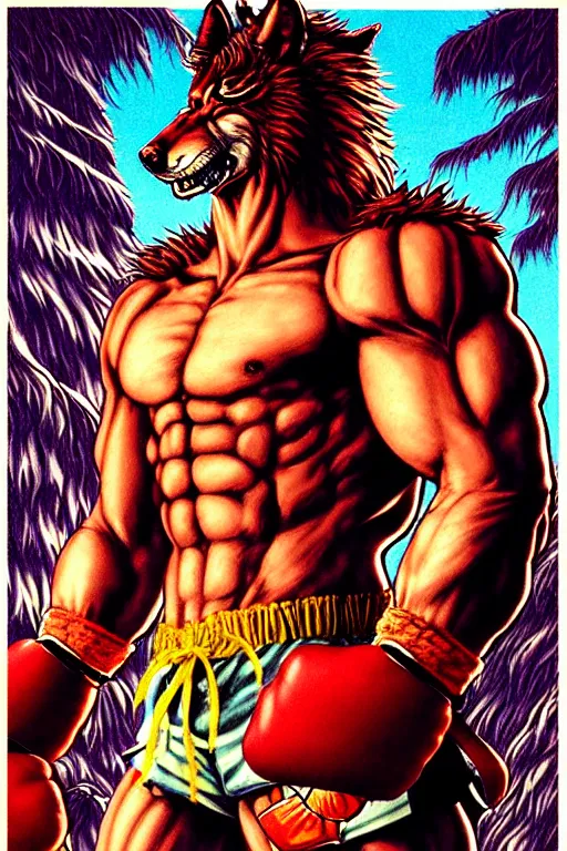 Prompt: extreme long shot. 8 bit nes graphics. antropomorphic muscular masculine wolf. kickboxer fighter, in shorts. streetfighter. wolf head. fine details, very sharp, art from nes game cartridge, 8 0's, vhs artefacts, vaporwave style, marc simonetti and hermann nitsch