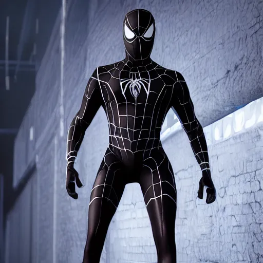 Image similar to black spider - man suit with white web lining, cinematic, volumetric lighting, realistic, hyperdetailed, photorealistic, photograph