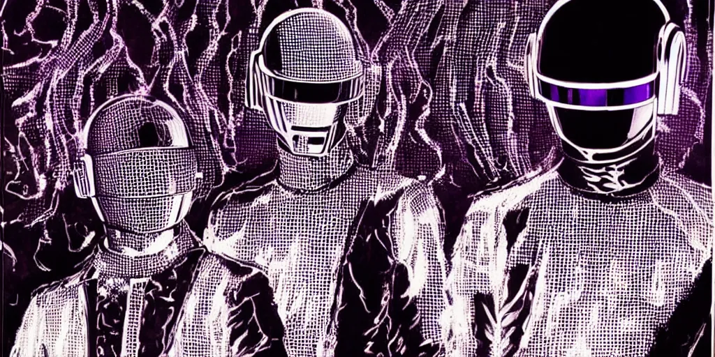 Prompt: intricate detailed artwork of Daft Punk using dj controller at an underground rave party in Ibiza, playing techno house music LOUD, thousands of beautiful girls in bikini dancing on the dancefloor, in the style of Moebius, wires, speakers, black and white ink, some ink drips