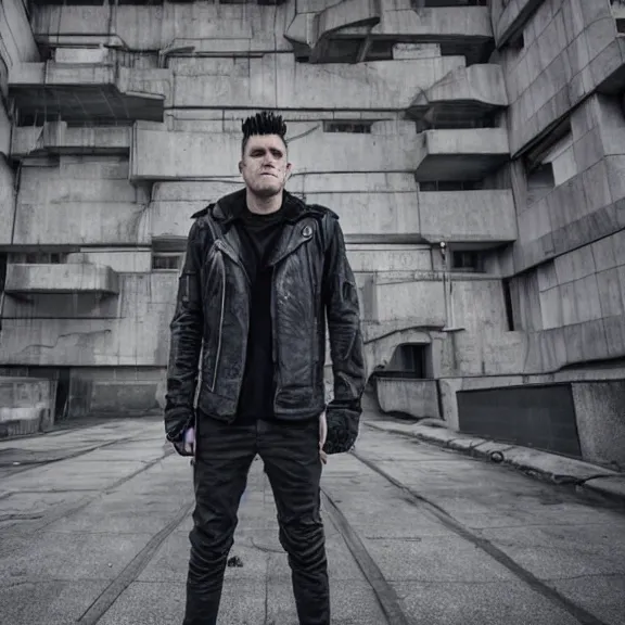 Prompt: dustin bates from starset in an epic cinematic shot, standing in the streets of a distopian future city made of brutalist architecture, extreme detail