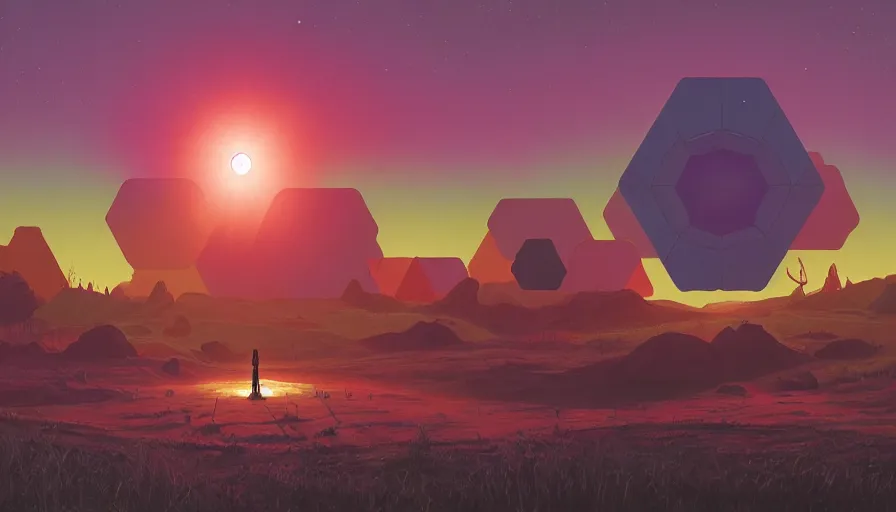 Prompt: hexagon in front of the sun, planet earth in foreground, simon stalenhag