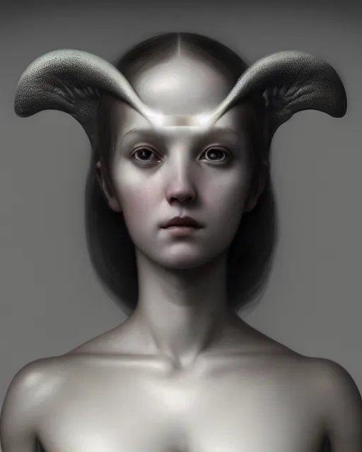 Prompt: dreamy, monochrome, subsurface scattering, white, young beautiful cyborg - goddess in cosmos, octane render, dino valls, mark ryden, joe fenton, michal karcz, highly detailed, rim light, art, cinematic lighting, very coherent, hyper realism, 8 k