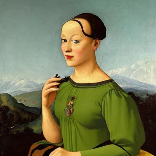 Image similar to a renaissance oil painting of a portrait of a young woman from the fifties, without eyebrows, seated in front of a landscape, wears a dark green dress, with yellow sleeves, with gold interlacing and embroidery at the neckline, a translucent black veil covers the finely curly hair, her arms are bent and her hands crossed