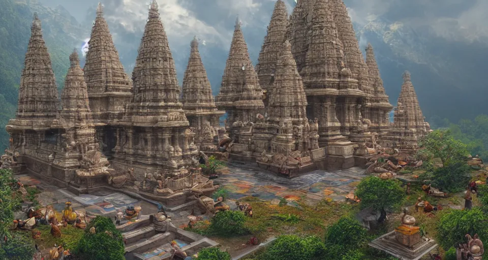 Prompt: a detailed hyper realistic concept art of hindu shiva temple in himalyas, 4 k detailed, artstation