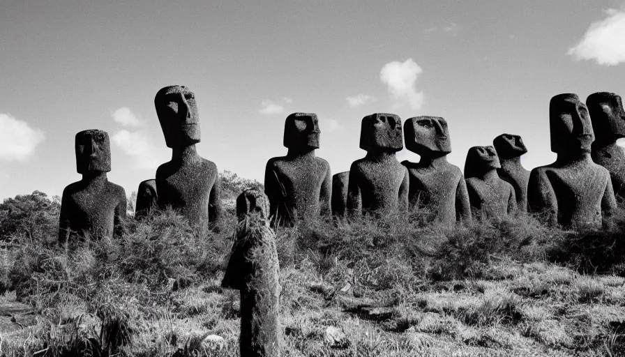 Prompt: black and white noir film. moai. cannabis plants everywhere.