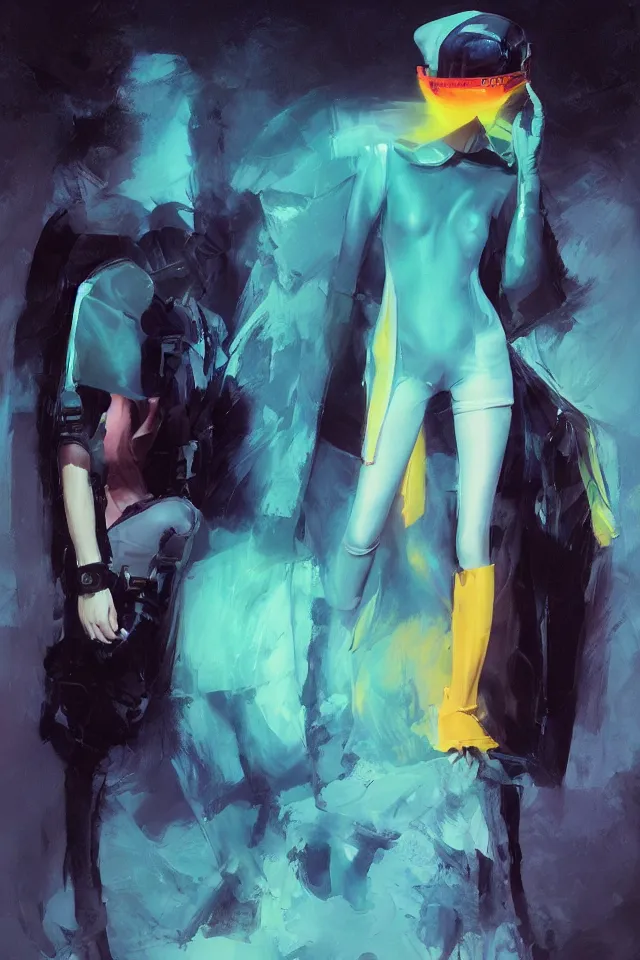 Image similar to digital fashion, androgynous person, tactical poncho latex rags, wearing a visor, techwear, iridiscent light, high key, cinematic lighting at night, neon, phil hale, boris vallejo, alberto mielgo, patrick o'keeffe