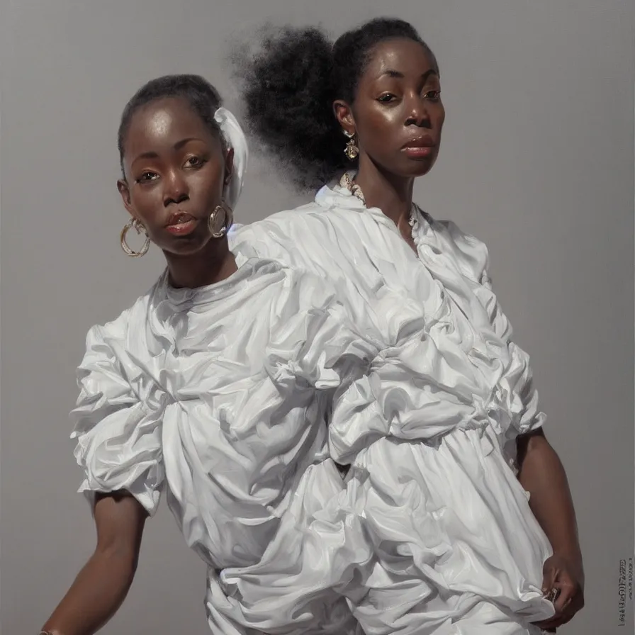 Prompt: a painting of a woman wearing a white blouse, an ultrafine detailed painting by constance gordon - cumming, cgsociety, afrofuturism, detailed painting, rococo, hyper realism