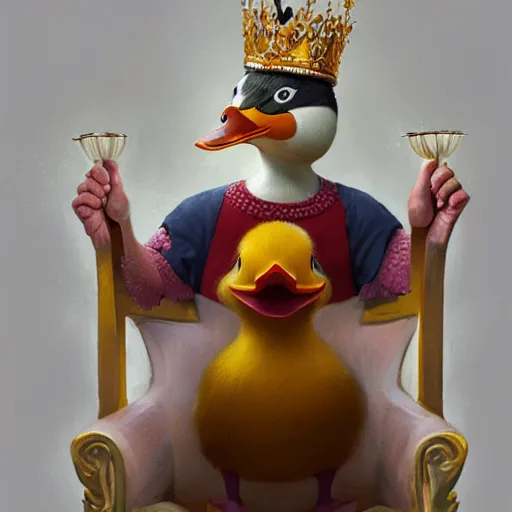 Prompt: A duck wearing a crown, snide expression on his face, sitting on a throne, digital art, artstation, Mandy Jurgens, CGSociety, WLOP