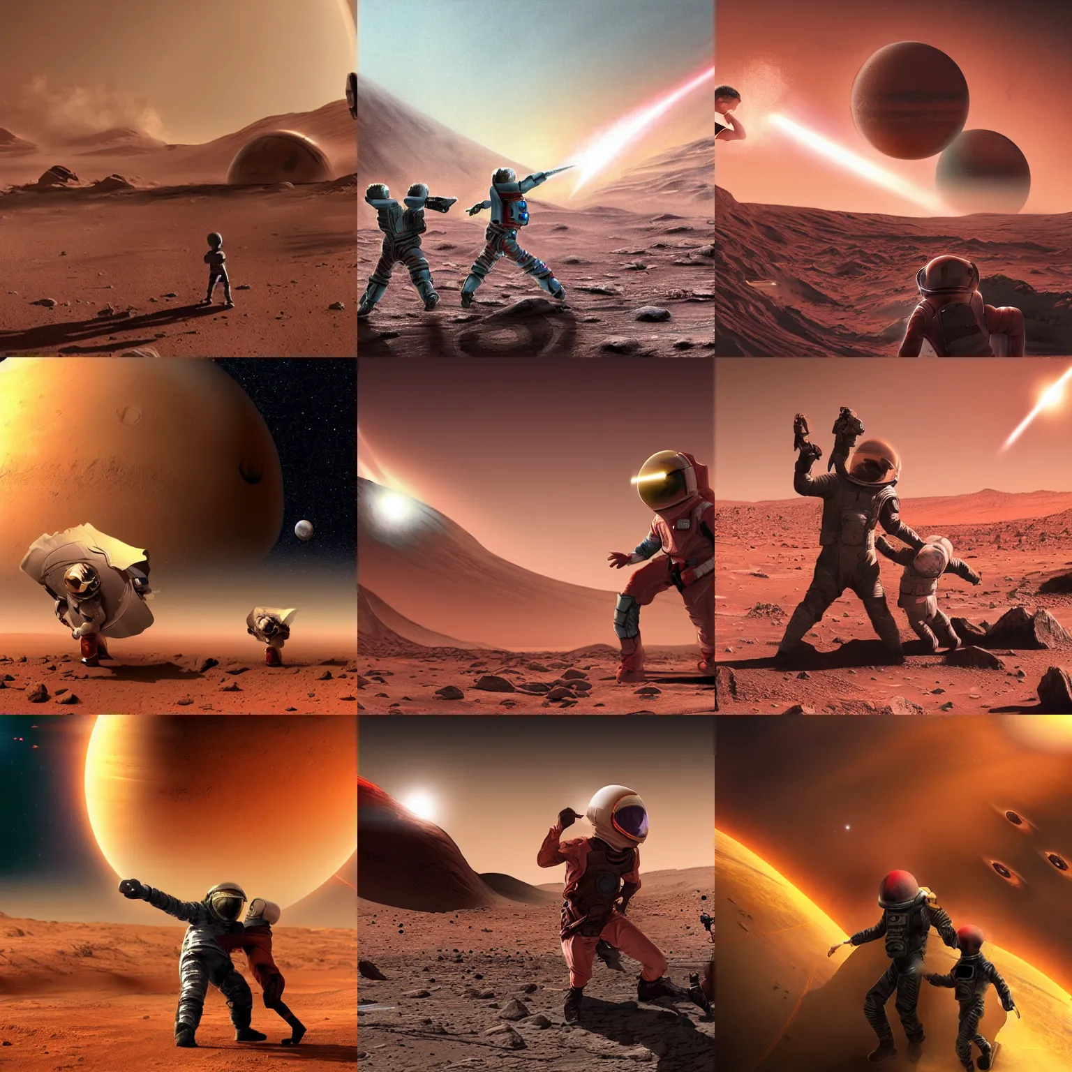 Prompt: Boy and child fighting, film grain, realistic, epic space battle with many space ships and lasers and explosions, on mars, mars sun, matte painting