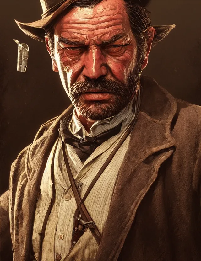Image similar to close face portrait of an old male bar keeper as red dead redemption 2 concept art, art by ryo shiotani and greg rutkowski, intricate, beautiful, cute, cinematic lighting, vintage art by serge ivanoff, high resolution, very detailed