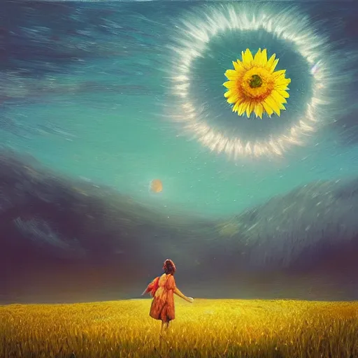 Image similar to giant daisy flower as a head, girl walking in wheat field, hills, surreal photography, moon light, dark night, star trails, dramatic light, impressionist painting, clouds, digital painting, artstation, simon stalenhag