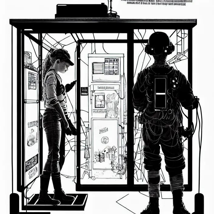 Image similar to sadie sink as a miner inside a minimalist steampunk automated kiosk with food options to choose from. small room. wide angle lens. black and white, pencil and ink. scifi cyberpunk. by gabriel hardman, joe alves, chris bonura. cinematic atmosphere, detailed and intricate, perfect anatomy