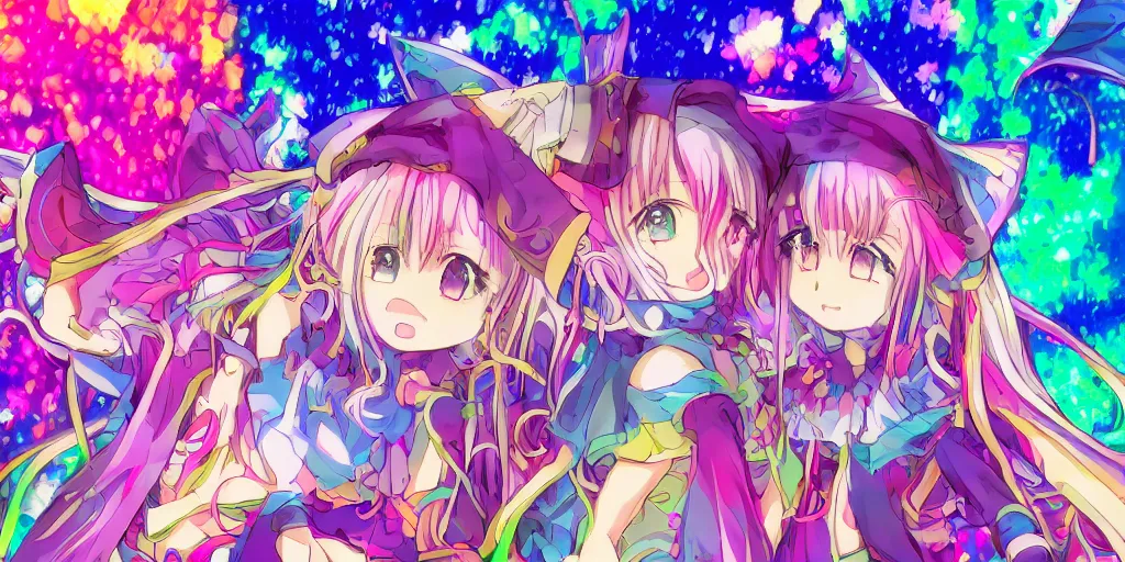 Prompt: Dreamy psychedelic anime, extremely colorful, geometric, Madoka witch labyrinth, patchwork, photoshop, HDR, 4k, 8k, abstract, two anime girls standing within two raging colorful vortexes, detailed and cute faces on the anime girls, very cute and childlike, hugging, smiles and colors
