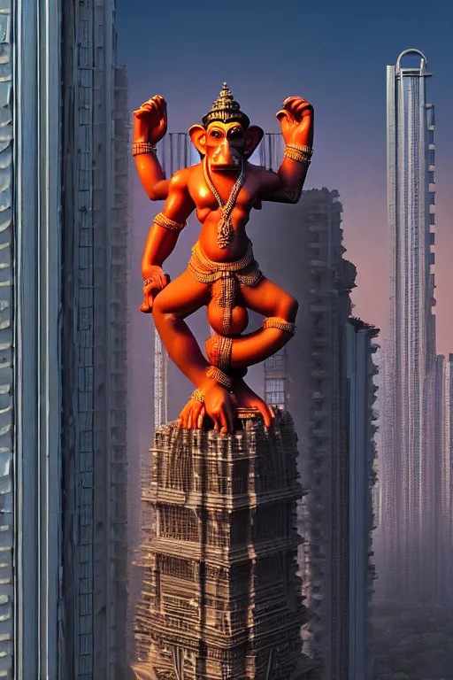 Image similar to high quality 3 d cyberpunk biomorphic hanuman! head building in the middle of mumbai!!, highly detailed, cinematic smooth, stephen shore & john j. park, soft morning light, wide shot, high angle, uhd 8 k, sharp focus