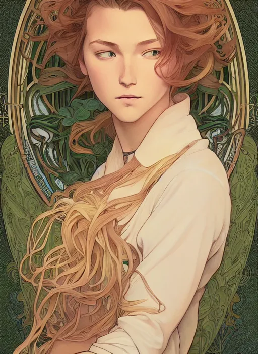 Image similar to pretty young man with shoulder length blond hair, half body shot, path traced, highly detailed, high quality, digital painting, by studio ghibli and alphonse mucha, leesha hannigan, hidari, disney, art nouveau, android jones, andreas rocha, conrad roset