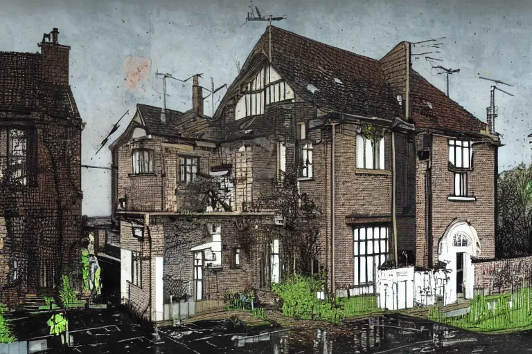 Image similar to cyberpunk, an estate agent listing photo, external view of a 5 bedroom detached countryside house in the UK, by Ravi Zupa