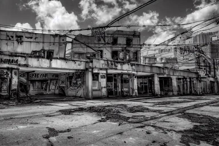 Image similar to low wide angle shot of dilapidated fallout 5 miami, tropical coastal city, desolate, dilapidated neon signs, few rusted retro futuristic vintage parked vehicles like cars, buses, trucks, trams, sunny weather, few clouds, volumetric lighting, photorealistic, daytime, spring, sharp focus, ultra detailed, 4 0 0 0 k