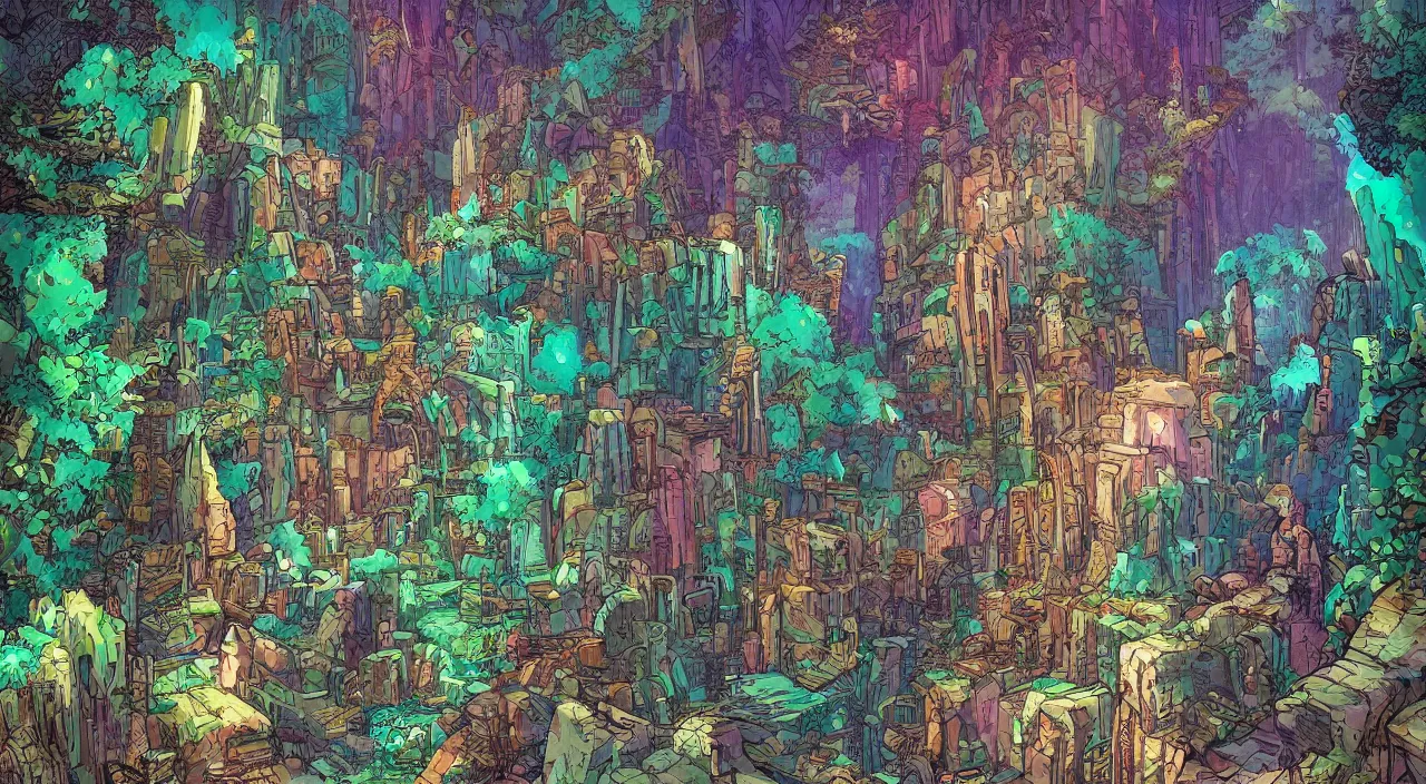 Image similar to open door wood wall fortress greeble block amazon jungle on portal unknow world ambiant fornite colorful deepdream that looks like it is from borderlands and by feng zhu and loish and laurie greasley, victo ngai, andreas rocha, john harris