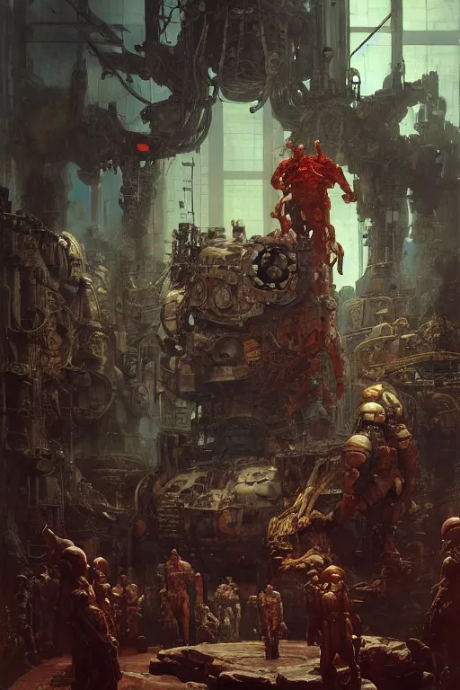 Image similar to scientists in a laboratory observe a huge martian wearing armour, painted by ruan jia, raymond swanland, lawrence alma tadema, zdzislaw beksinski, norman rockwell, jack kirby, tom lovell, alex malveda, greg staples