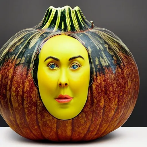 Image similar to a gourd shaped to look like the face of amber heard intercross hybrid mix