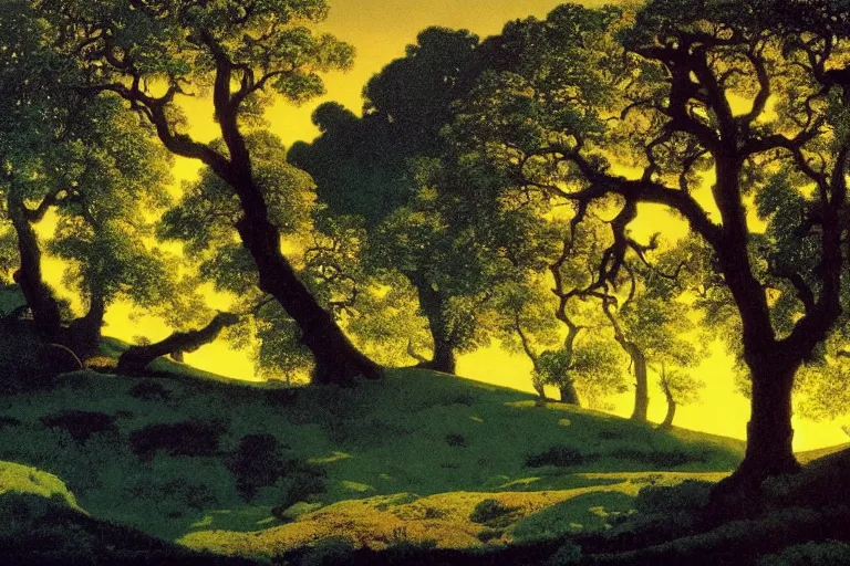 Image similar to masterpiece painting of oak trees on a hillside overlooking a creek, dramatic lighting, by maxfield parrish