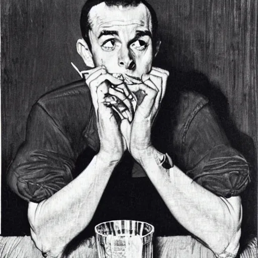 Image similar to a portrait of a man in the 1 9 6 0 s drinking alone in a bar late at night, black and white monochrome, by norman rockwell