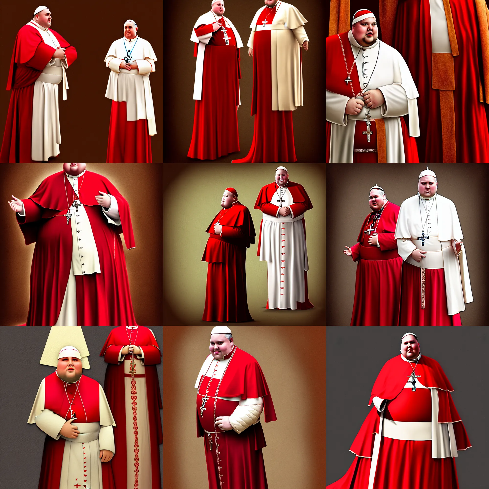 Prompt: one fat man clothed like a pope, wearing a long red dress standing. he is wearing a pope tiara, photorealistic, detailed cloth, concept art, matte painting