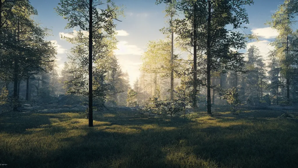 Image similar to beautiful view of a swedish forest in the morning light, trending on Artstation, octane render, unreal engine, visually stunning, award winning